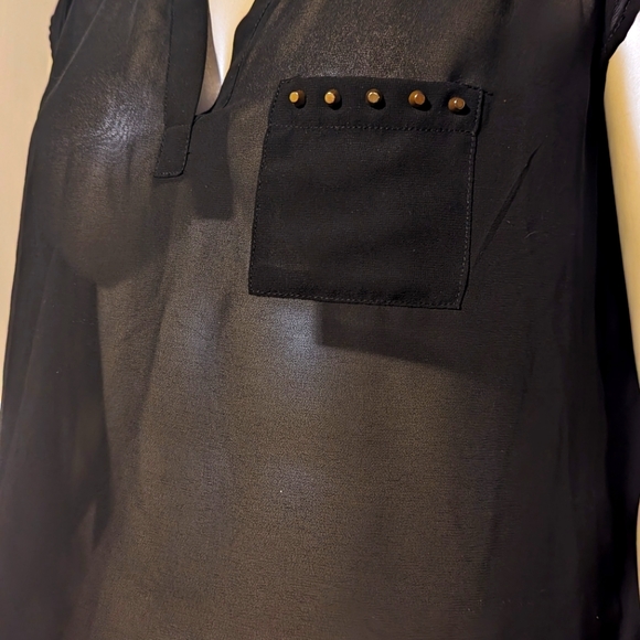 Large sheer black goth pocket rhinestone bongo club shirt v-neck sexy party - Picture 3 of 5